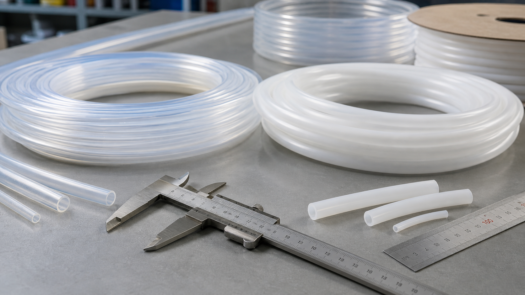 Industrial workbench view of fluoropolymer tubing coils and measured cut samples